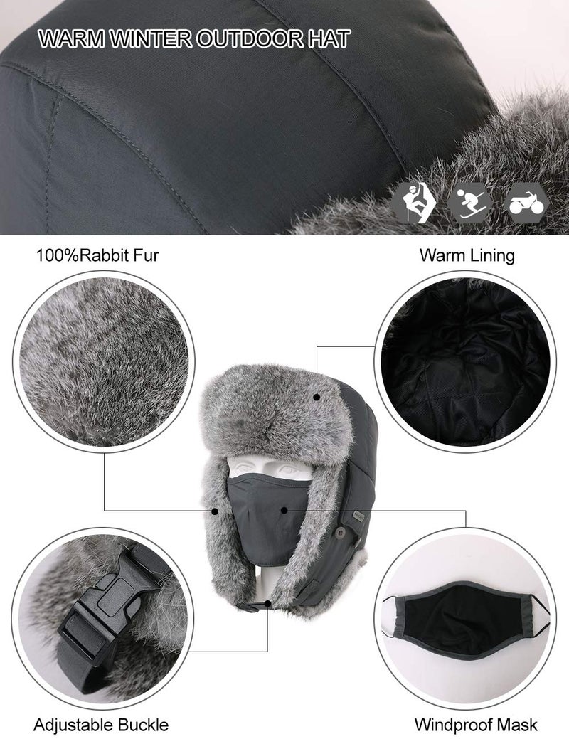 Comhats Winter 100% Rabbit Fur Lined Russian Ushanka Earflap Trapper Hat Trooper (US, Alpha, One Size, 69185_Black) - Image 5